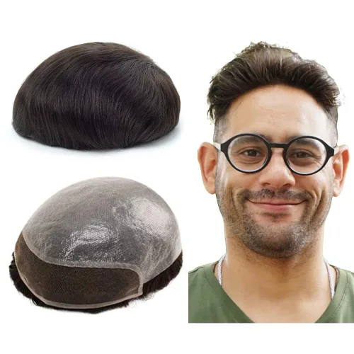 Miniatura 7 de Lordhair Toupee para hombre, encaje francés frontal, línea capilar natural, sistemas de piezas de cabello de 0.003 in, piel en V, 8 x 10 pulgadas