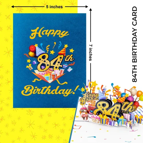 Miniatura 7 de iGifts And Cards Tarjeta desplegable 3D de feliz cumpleaños 84 – Diseño azul con números de purpurina, globos, pasteles y regalos – Tarjeta