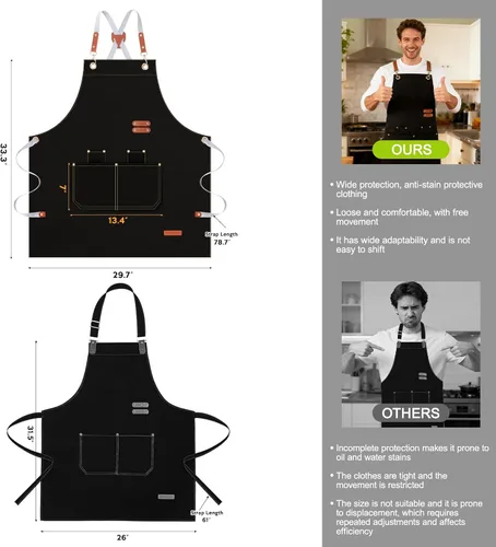 Miniatura 2 de GNDKDY Delantal de chef con bolsillos, delantal de trabajo negro para hombres y mujeres, delantales de cocinajardineríapeluquería para cocinar