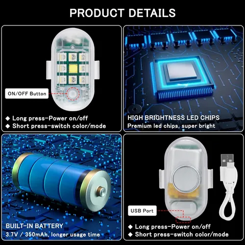 Miniatura 7 de SEISSO Paquete de 2 luces estroboscópicas LED inalámbricas con control remoto anticolisión, carga USB, kit de luces de emergencia para drones, luces