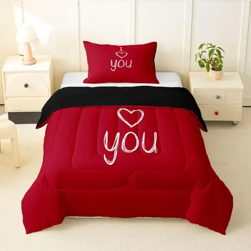 Miniatura 40 de Juego de edredón de San Valentín para parejas, juegos de ropa de cama rojo y blanco para niños, niñas, adolescentes, con texto en inglés "I Love