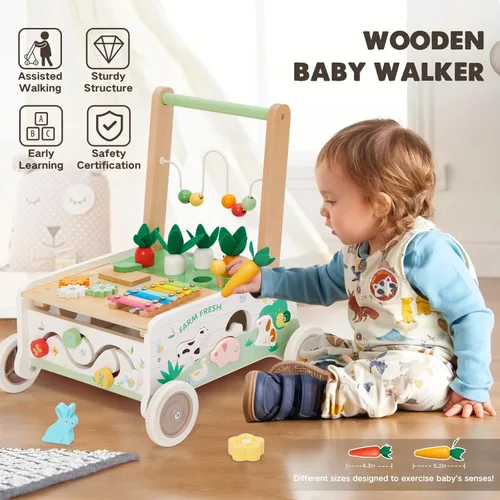 Miniatura 4 de Andador de madera para bebés, caminador de empuje para bebés, caminador de bebé de velocidad ajustable con rueda, centro de actividades para niños