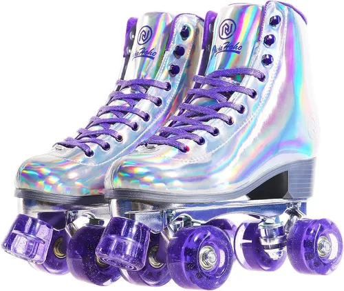 Miniatura 7 de JajaHoho Patines de ruedas para mujeres, piel sintética holográfica de alta calidad, patines brillantes de doble fila de cuatro ruedas para niñas