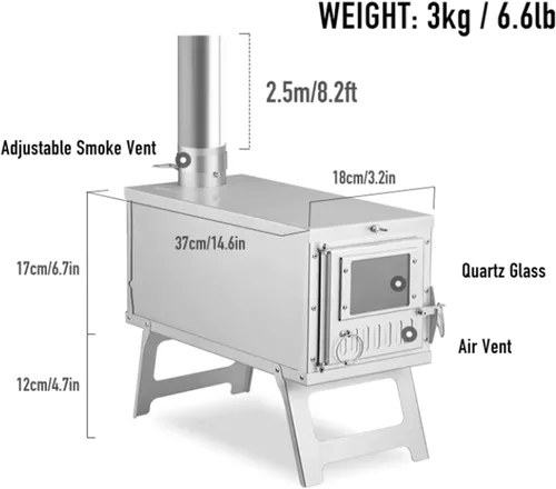 Miniatura 2 de Estufa de camping para carpas calientes, horno plegable, estufa de leña de acero inoxidable con tubo plegable, estufa de leña portátil para camping