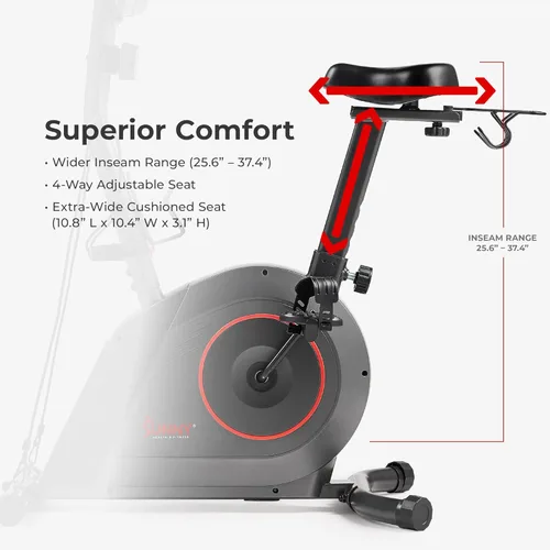 Miniatura 8 de Sunny Health & Fitness Smart Stationary Exercise Upright Bike w/Pulse Sensor & 4-Way Adjustable Seat, Cycling Machine for Home Cardio Training, Free