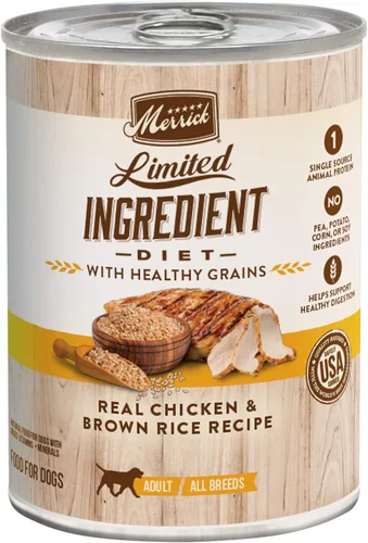 Merrick Alimento húmedo enlatado para perros con cereales saludables de ingredientes limitados, receta de pollo y arroz integral para perros
