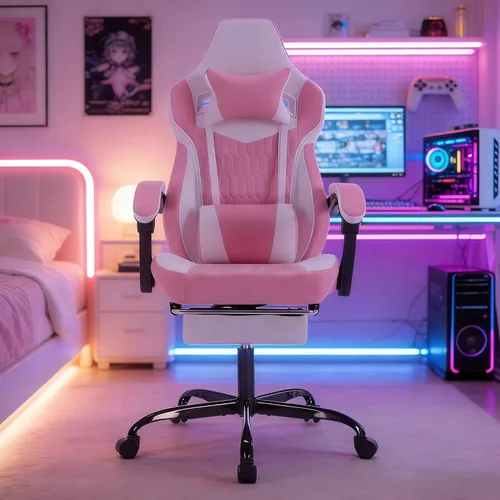 Miniatura 10 de Silla gamer, silla de computadora para juegos con reposacabezas ajustable, soporte lumbar ergonómico, asiento giratorio para salas de estar, Negro