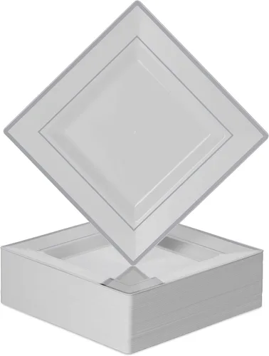 BloominGoods Platos cuadrados desechables de plástico para postre, paquete de 50 platos cuadrados de 6.5 pulgadas, color blanco con borde plateado,