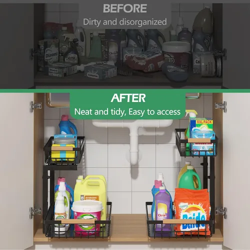 Miniatura 4 de ADRIMER Organizador para debajo del fregadero, 2 paquetes, organizador extraíble para fregadero de cocina, 2 niveles, organizador de cocina