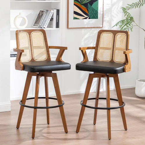 Miniatura 19 de Juego de 2 Taburetes de Mostrador - Taburetes Giratorios de 27 Pulgadas con Respaldo de Ratán, Brazos Curvos, Asiento Tapizado, Patas de Bambú Nogal