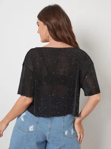 Miniatura 2 de Romwe Camiseta de manga corta transparente con purpurina para mujer talla grande de malla transparente
