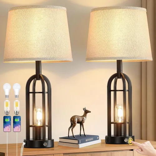 Miniatura 9 de SRJJA Juego de 2 lámparas de mesa negras para sala de estar, lámparas de granja para mesitas de noche con USB A+C, lámparas de noche