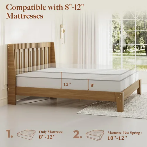 Miniatura 9 de Base de cama tamaño Queen con cabecero, marco de cama de madera moderna de mediados de siglo con cabecero acanalado y alas curvas, sin ruido,