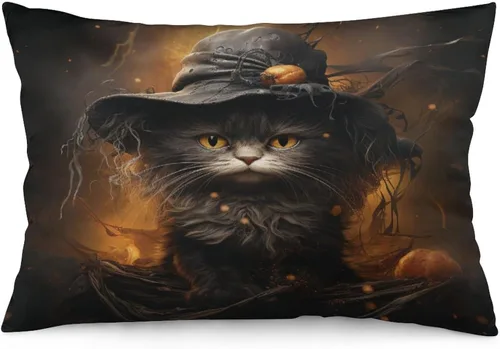 Miniatura 8 de Funda de almohada con sombrero de bruja con diseño de gato de 20 x 30 pulgadas, diseño de impresión de doble cara con cremallera invisible, Patrón 8