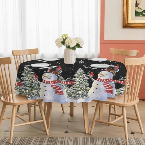 Miniatura 8 de Mantel redondo negro de Navidad, impermeable y resistente a las manchas, mantel lavable sin arrugas para comedor, fiesta, boda, muñeco de nieve