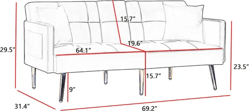 Miniatura 2 de Moderno sofá cama biplaza de terciopelo con 2 bolsillos, sofá cama convertible tapizado con respaldo múltiple ajustable, futón con patas doradas