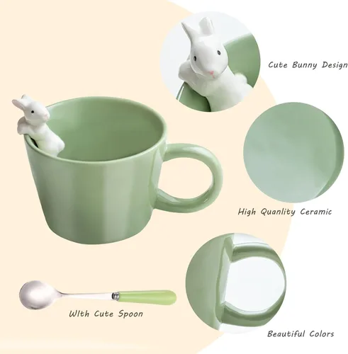 Miniatura 3 de BigNoseDeer Lindas tazas de conejo de Pascua con conejo 3D en el interior, taza de café de cerámica Kawaii de conejo con cuchara, regalos lindos