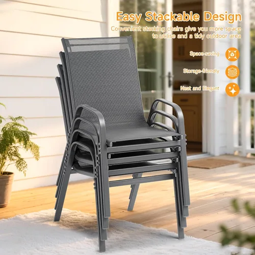 Miniatura 4 de ONBRILL Juego de 4 sillas de patio, sillas de comedor apilables de fácil montaje con asiento ancho y marco de metal resistente, sillas de textileno