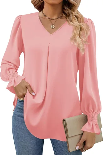 Miniatura 19 de Funlingo Blusas de mujer con mangas largas 2025, elegantes y casuales, con cuello en V, túnica suelta de gasa para el trabajo