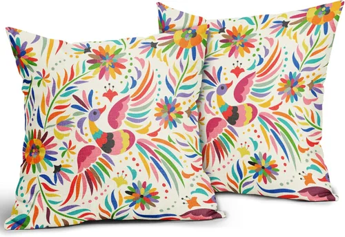 Miniatura 2 de Juego de 2 fundas de almohada con estampado floral mexicano de 18 x 18 pulgadas, diseño étnico colorido de pájaros y flores de cachemira, fundas