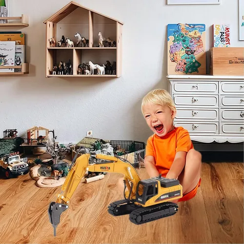 Miniatura 7 de Excavadora de taladro, juguetes de vehículos de construcción, camión de martillo hidráulico de aleación resistente, escala 1:50, taladro a presión