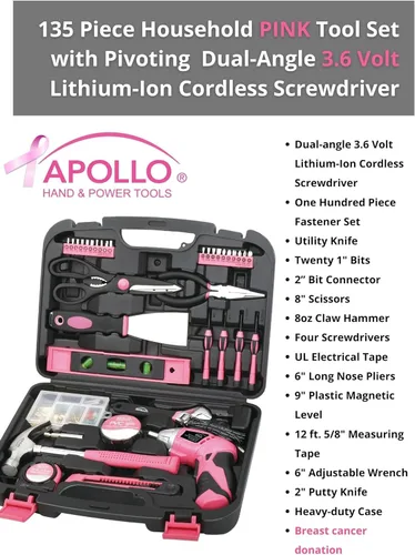 Miniatura 7 de Apollo DT0773N1 Herramientas de precisión para el hogar, rosa, 135-piezas, Donación hecha a la investigación del cáncer de mama