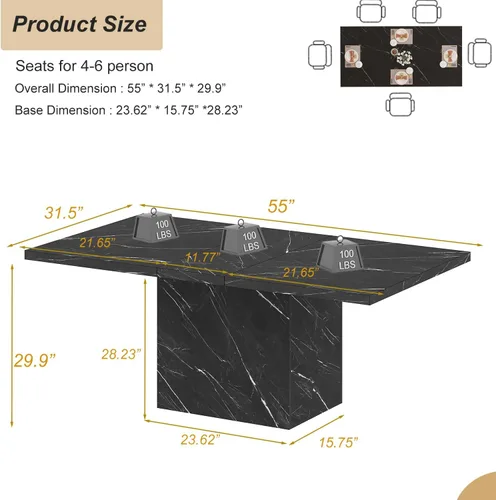 Miniatura 2 de HSH Mesa de comedor de 55 pulgadas para 4, moderna mesa de comedor de mármol sintético negro, mesa de cocina rectangular con pedestal resistente