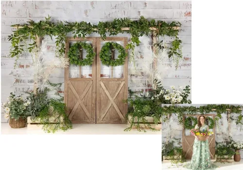 Miniatura 6 de Kate Pared de ladrillo pintado blanco rústico para puerta de madera, fondos de fotografía de 7 x 5 pies, césped verde primavera y flores, fondos