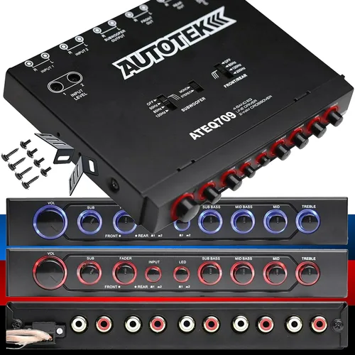 Autotek ATEQ709 Ecualizador de audio de 4 bandas con crossover integrado de 2 vías, 9 voltios, 1/2 DIN, ecualizador de reamplificador con cruce