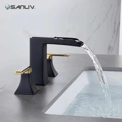 Miniatura 4 de Grifo de baño de dos tonos negro y dorado, grifo de baño generalizado de 2 manijas para fregaderos de 3 agujeros de 4 a 8 pulgadas, grifos