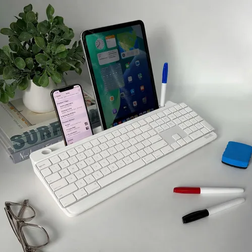 Miniatura 7 de Birch Pizarra blanca de cristal de escritorio con calendario semanal magnético, pizarra de borrado en seco, soporte para teclado, almacenamiento