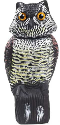 Señuelos de búho para asustar a los pájaros con cabeza giratoria, ojos realistas disuasorios naturales de aves enemigas y forma impermeable, búho