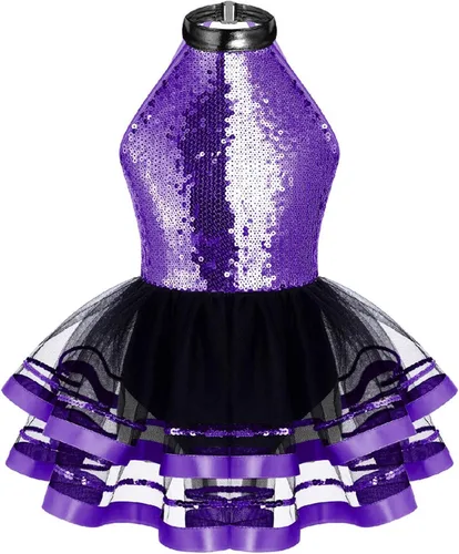 Miniatura 88 de CHICTRY Vestido tutú de ballet con lentejuelas brillantes para niñas y niñas, moderno disfraz de baile latino de jazz