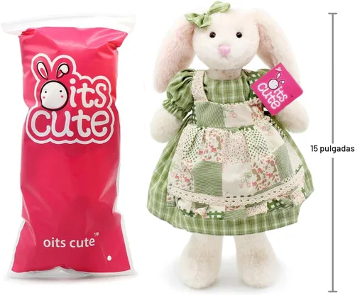 Miniatura 6 de Oitscute Pequeño y suave conejo de peluche de 15 pulgadas, juguete para bebés y niñas (conejo blanco con vestido a cuadros verde)