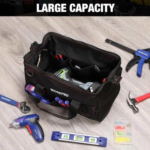 Miniatura 5 de WORKPRO Bolsa de herramientas de 14 pulgadas, organizador de herramientas con múltiples bolsillos con correa de hombro ajustable, W081021A, negro