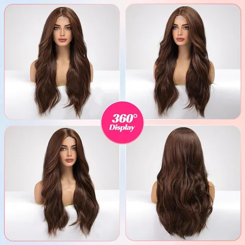 Miniatura 5 de EMMOR Peluca larga y ondulada marrón mixta para mujer, pelucas de encaje frontal, aspecto natural, 26 pulgadas, parte media, peluca rizada