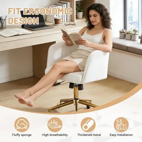 Miniatura 3 de Silla de tocador con respaldo sillón giratorio 360 grados y base dorada, silla entrecruzada con ruedas para tocador, oficina en casa, sala de estar