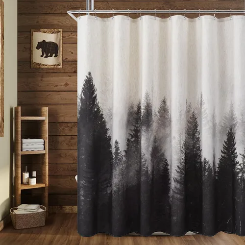 Miniatura 4 de ORTIGIA Cortina de ducha con diseño de bosque de montaña, tela de lino de mezcla pesada, árbol natural negro, cortina de baño de bosque brumoso, 60