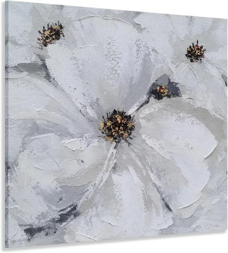 SYGALLERIER Arte abstracto de pared de flores, pintura al óleo floral gris y blanca con adornos de lámina dorada, arte de pared de lienzo hecho a