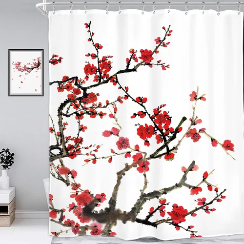 Miniatura 4 de Cortina de ducha floral roja para baño, 60 pulgadas de ancho x 72 pulgadas de largo, flor de cerezo, ciruela, estética asiática, japonesa, acuarela