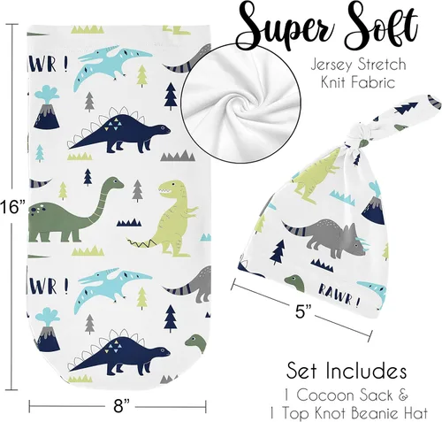 Miniatura 5 de Sweet Jojo Designs Mod Dino - Juego de 2 gorros y capullo para bebé, saco de dormir de punto elástico para bebé, recién nacido, saco de dormir, saco