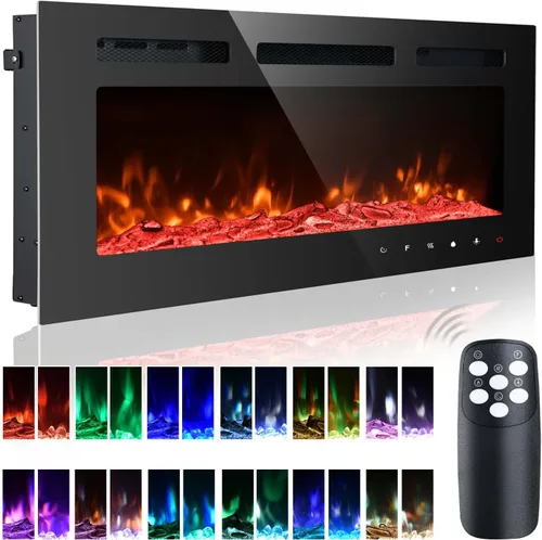 Chimenea eléctrica montada en la pared de 40 pulgadas, 12 colores de llama, protección contra sobrecalentamiento y temporizador de 1-8 horas,