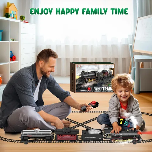 Miniatura 5 de Hot Bee Juego de tren para niños, juguetes de tren de aleación a control remoto con locomotora de vapor, vagones de carga, vías, trenes con luces
