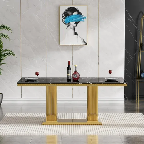 Miniatura 45 de Mesa de comedor de cristal de 51 pulgadas, mesa de comedor para 4-6, mesa de cocina dorada con patas de metal superior de vidrio templado