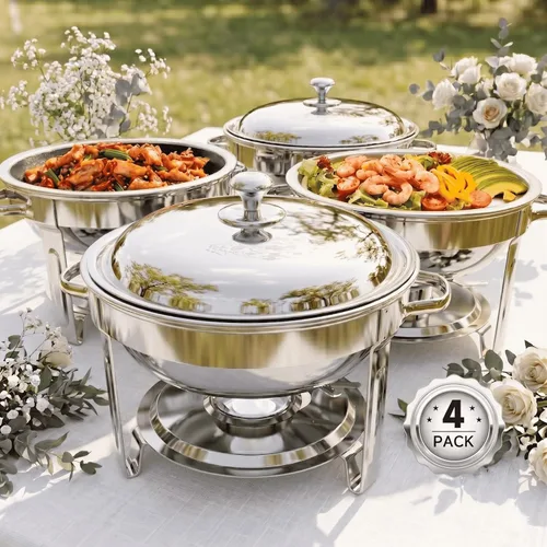Miniatura 11 de Platos de roce para buffet, paquete de 4 platos redondos de acero inoxidable de 5 cuartos de galón para fiestas en casa, reuniones de Navidad