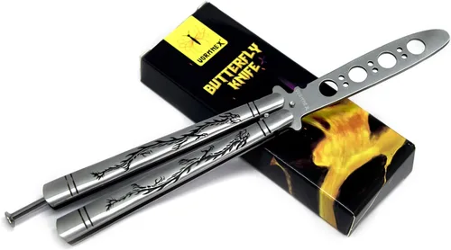 Miniatura 8 de Vornnex, cuchillo mariposa de práctica, hoja desafilada de acero inoxidable para entrenamiento, dragón negro (plateado)