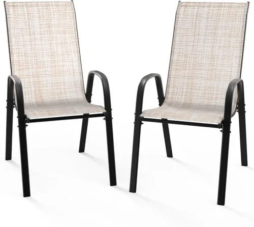 Miniatura 16 de VINGLI Juego de 2 sillas de patio – Sillas de comedor apilables para exteriores con cómodas sillas de respaldo alto y reposabrazos para césped