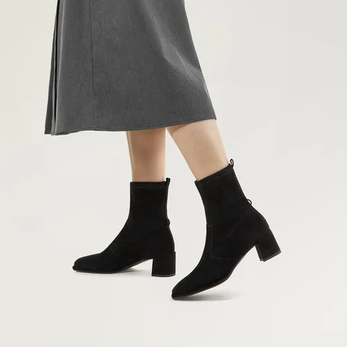 Miniatura 2 de 7or9 Botines de tacón medio para mujer con suela de lengüeta Chelsea Fashion Go Go Botas hasta la rodilla Botas de tacón grueso de lana - Negro