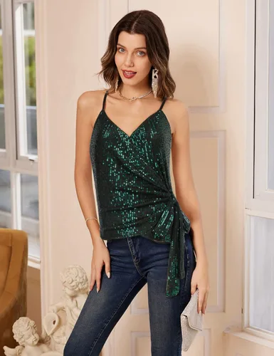 Miniatura 3 de GRACE KARIN Camiseta de lentejuelas para mujer, camiseta sin mangas brillante con cuello en V, sexy, con lazo en la cintura, para fiesta, club