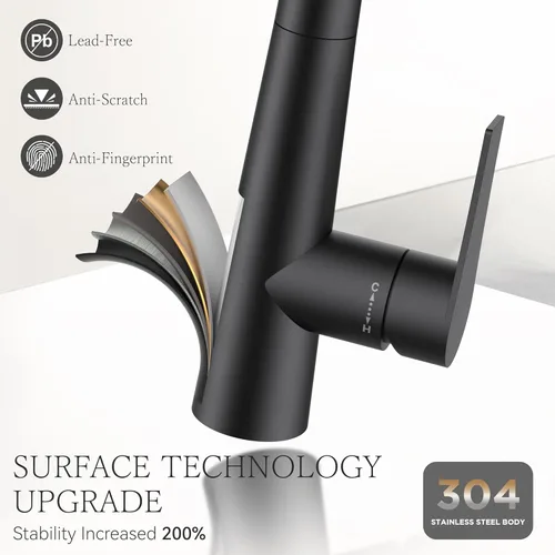 Miniatura 6 de FORIOUS Grifo de cocina negro alto con rociador extraíble, grifo clásico de acero inoxidable de arco alto para fregadero de cocina, mango único, 3